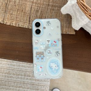 Sanrio | Korea INS Stripe Sanrio Hello Kitty Phone Case For iphone 17 16 15 Pro Max Shockproof Protective TPU Cover With Pendant Funda