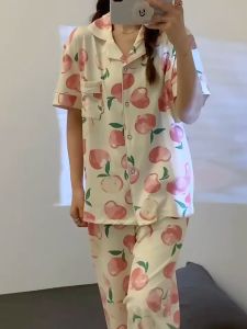 Baju Tidur Piyama Set Lengan Pendek Celana Panjang Pendek Pakaian Tidur Setelan Peach 3IN1 668