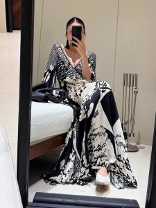 DANTING | Elegant Vintage Black Print V-Neck Backless Dress