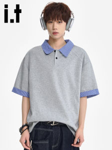 izzue | College Style Faux Layered Short Sleeve Polo Shirt Male Simple Loose Summer