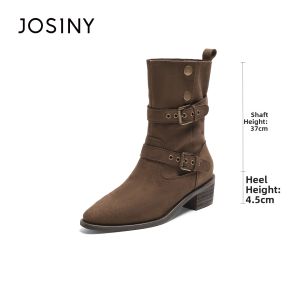 Josiny | Brown Coarse Heel Mid-calf Pointed Bootie