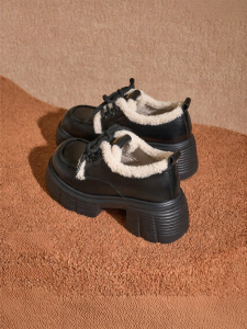 Josiny | Black Thick Heel Loafer Shoes Warm Winter Fur