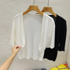 Ice Silk Knitted Short Sleeve Open Cardigan Womens Thin Pure Color Small Shawl Outer Match with Halter Skirt Short Top Summer
