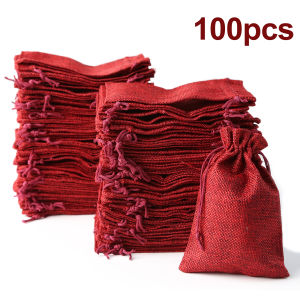 100PCS Christmas Red Green Drawstring Burlap Jute Gift Bags DIY Wedding Favor Gift For Packaging Candy Chocolate Jewery