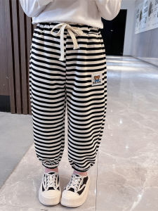 Spring Autumn Loose Casual Pants Striped Sweatpants Fashionable Kids Clothing Boys Girls Harajuku Style Elastic Waist Knitted