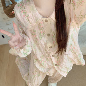 HANQIANNUO | Floral Baby Collar Womens Home Wear Set