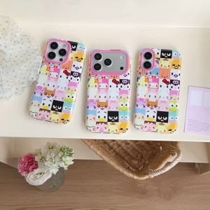 Sanrio | Korean kawaii Cartoon IMD Color Grid Pixel Sanrio Hello Kitty Phone Case For iphone 17 16 15 18 Pro Max 18 Pro Shockproof Cover