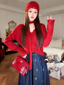 Korean Style Autumn Winter Red Knitwear Womens Soft Lazy Style Casual Straight Tube Long Sleeve V-Neck Button Cardigan