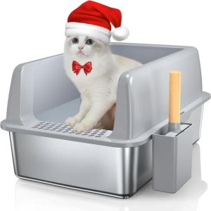 Stainless Steel Litter Box with Lid XL Extra Large Cat Litter Box Enclosure for Big Cats with High Sides and Scoop Easy Clean Metal Litter Pan Non-Stick Cat Toilet Anti-Leakage No Smell