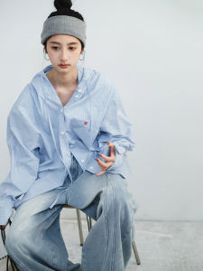 Lightweight Long Sleeve Blue Plaid Hooded Shirt Jacket Womens Loose Fit Summer Cotton Korean Style Commute Fashion Outerwear