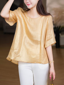 XIAOER | Pearl Luster Linen T-Shirt Front Short Back Long