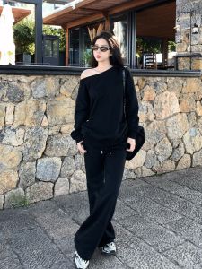 VKSOD | Korean Fashion Black Asymmetrical Shoulder Round Neck T-shirt Womens Slimming Straight Leg Pants Two-Piece Set Autumn 2025