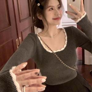 เสื้อถักคอโปโลสีล้วนสำหรับผู้หญิงไซส์ใหญ่ ทรงเข้ารูป แขนยาว คอกลม ทรงเข้ารูป เสื้อชั้นในฤดูใบไม้ร่วง/ฤดูหนาว