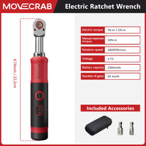 MOVECRAB Lightweight 60‑Tooth Electric‑Assisted Ratchet Wrench｜6.35mm HEX 1.5Nm Electric 50Nm Manual with 1/4"&3/8" Adapters