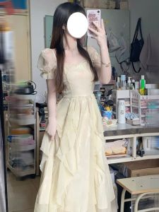 เรียบหรู เจ้าหญิงนางฟ้า เดรส หวาน วันเกิดอันยาวนาน นักเรียน ชุดราตรี Gentle Dreamy Forest Style High เอว ผ้าชีฟอง Bubble Sleeve เดรส