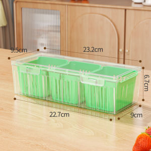 1Pc Food Storage Container With Lid 3 Compartments Transparent Blue Drain Box For Fridge Salad Fruit Veg Reusable