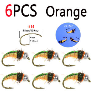 Bimoo 6PCS #14 Brass Bead Head Scud Bug Worm Nymph Fly Fast Sinking Caddis Pupa Larvae Insect Baits Trout Perch Fishing Lures