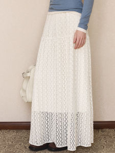 Breathable Lace Embroidery 3D Elastic Waist A-Line Versatile Half Skirt Moi Commute Simple Style Long Skirt Loose Fit
