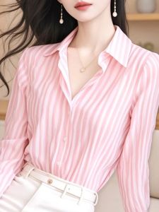 French Style Fancy Beautiful Pink Stripes Lapel Long Sleeve Shirt Womens Autumn Chic Super Nice Flab Hiding Shirt