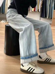 Quần Jeans Ống Thẳng Lót Lông Cừu Màu Xanh Nhạt Cho Nữ Quần Dài Ôm Dáng Cạp Cao Quần Ống Rộng Ôm Dáng Cho Mùa Thu Đông