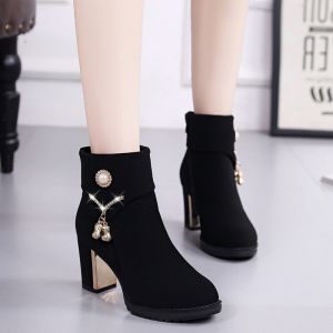 Mid Heel Boots Womens Chunky Heel 2023 New Arrival Fall and Winter Ankle Boots Fleece-Lined Short High Heels Suede Slim Looking round Toe Cotton Boots