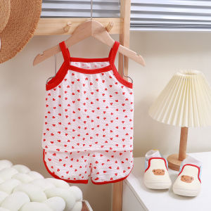 Sweet Floral Childrens Two-Piece Suit Korean Style Girls Vest Shorts Sleepwear Baby Summer Clothes Cotton Totem Cute Style