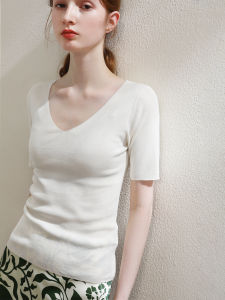 Miccbeirn | Silk Knitted V-neck Short Sleeve T-shirt Commute Simple Slimming Base Shirt Womens Fashionable Casual Top Pure Color Summer