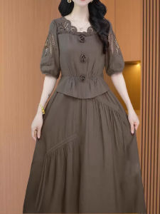 MAIMEI | Silk Cotton Dress Fake Two-Piece Set Womens Summer High Waist A-Line Skirt Short Sleeve Round Neck High End Simple Style