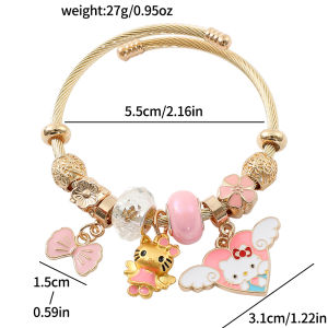 Sanrio | Gold Plated Hello Kitty Open Bangle Zinc Alloy with Angel & Bow Charms Pink & Crystal Beads Adjustable Bracelet
