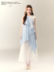 Blue Mermaid Style Dress Elegant Vacation Gown with Bow Knot Neckline High Waist A-Line Skirt Polyester Fiber Summer Dress