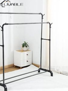 LIVABLE Clothing Garment Rack Floor Folding Coat Rack Hanger Indoor Single/Double Pole Bedroom Pole Hanging Clothes Rack