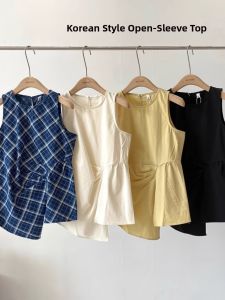 Chic Plaid Sleeveless round Neck Vest Shirt Womens Summer Korean Style Versatile Elegant Top Not Regular Pattern