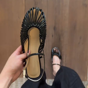 FANGXI | Retro Roman Round Toe Buckled Peep Toe Leather Sandals