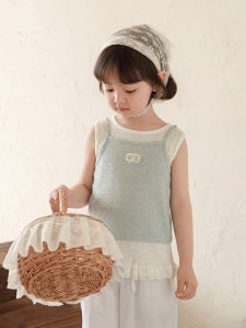 YOEHYAUL | Light Blue Checkered Sleeveless Layered Summer Vest Two-piece Set
