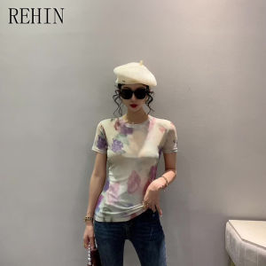 REHIN European-style mesh round neck short sleeve T-shirt fashionable trendy dyeing elegant for the summer slim fit S-3XL women blouse