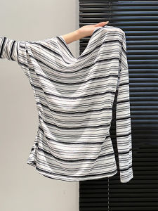 Shoulder Bared Long Sleeve T-Shirt Womens Loose Fit Slimming Korean Style Striped Pattern Autumn New Arrival Casual Wear