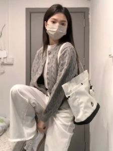 Gray Knitted Open Cardigan Sweater Womens Early Autumn New Design Sensation French Style Long Sleeve Elegant Top