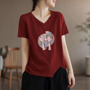 Export Export Cut Label National Style Pure Cotton T-Shirt Womens Short Sleeve Classy Summer V Neck Elegant Slim-Fit Casual Shirt