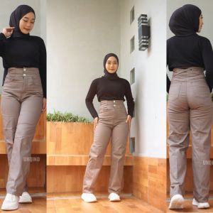 UNQIND - Celana Skinny Highwaist Cutbray Silang Wanita - Korean Style Celana Panjang