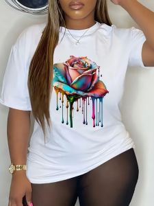 Colorful Drip Rose Womens Tee - Vibrant Artistic Floral Graphic Stylish Print for Casual Daily Wear