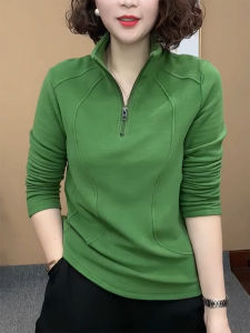 QINGNAER | Slimming Casual Green High Neck Half Zip Base Top