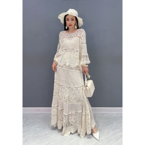 Elegant Knitted Set Hollow out Hook Flower Top Long Skirt Two Piece Suite Fashionable Autumn New Arrival Womens Wear