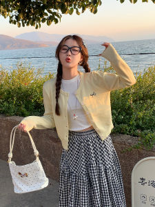 Gray Knitted Open Cardigan Womens Thin Sweater Early Autumn Small Outerwear Top Coat Soft Korean Style Long Sleeve Butterfly Knot