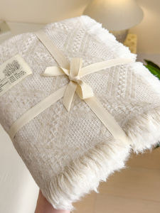 Luxurious Linen Tassel Blanket Floral Embroidery Light Weight Sofa Living Room Bedroom Cover Blanket Mid-Century Nap Cloth