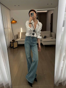 American Retro High Waist Bell Bottom Jeans Womens Autumn Slimming Straight Long Pants Floor-Length Trousers Blue Denim