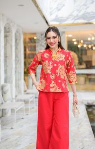 เสื้อตรุษจีนเสื้อคอจีนกุ้นลายมังกรทองใหญ่ผ้าฝ้ายพิมพ์ลายผ้าฝ้ายเชียงใหม่