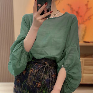 French Artistic round Neck Midi Shirt Womens Light Lysed Bamboo Linen Tops Early Spring New Design Hollow out Lantern Sleeves