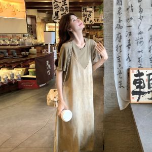 Slimming Effect Pink T-Shirt Dress Womens Summer New Style Splice Design Fake Two-Piece Dress Korean Style H-Shape Dress