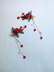 จี้ผมทรงหางม้าแบบโบราณ ทองแดงบริสุทธิ์ รูปใบไม้หยกปลอม สีแดง ดอกกุหลาบ จี้ผมสไตล์จีนโบราณ ตกแต่งผมแบบหรูหรา