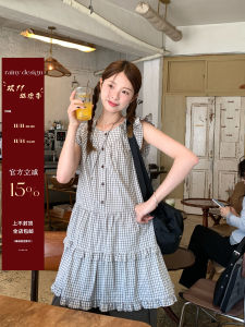 Sweet A-Line Short Summer Dress RAINY Girls Plaid Flounce Sleeve round Neck High Waist Skirt  Style Floral Lace Dresses